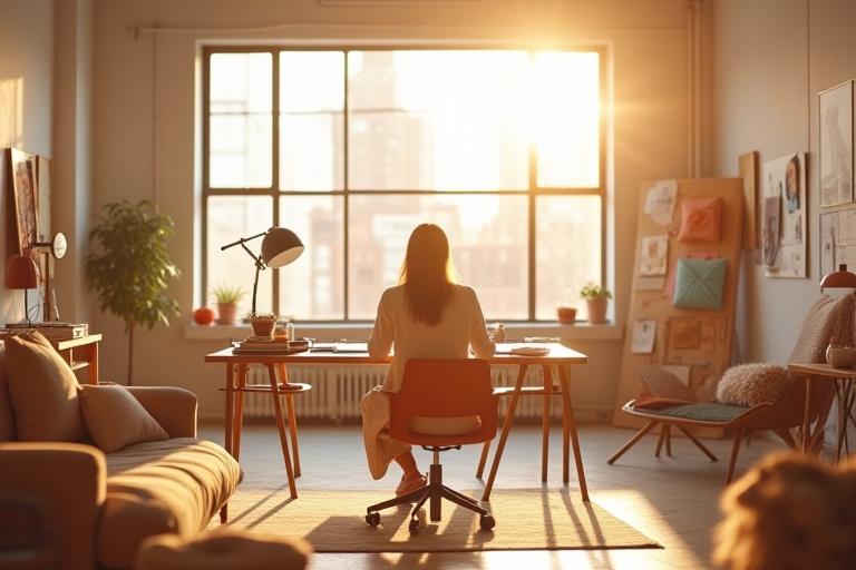 LuminaNest Interiors founder in a sunlit Brooklyn studio