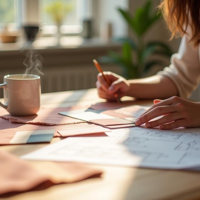 Interior designer working with swatches and floor plans